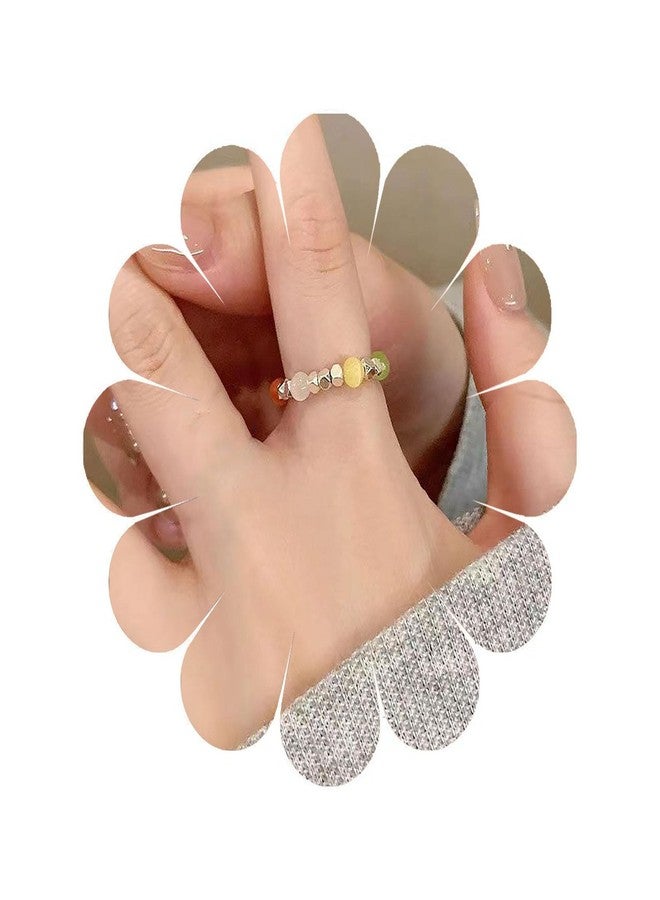 Eviarli Boho Crystal Bead Stretch Ring Beaded Stackable Ring Silver Bead Elastic Finger Ring Rainbow Bead Elastic Ring Handmade Stacking Ring Jewelry for Women (Style A) - Image 1